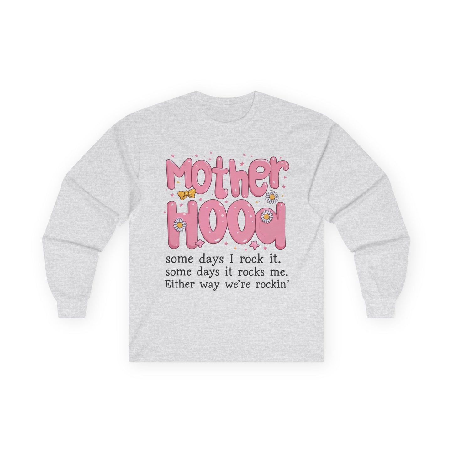 Motherhood Long Sleeve Tee — "Mother Hood" Cute Retro Graphic for New Moms & Mothers' Day