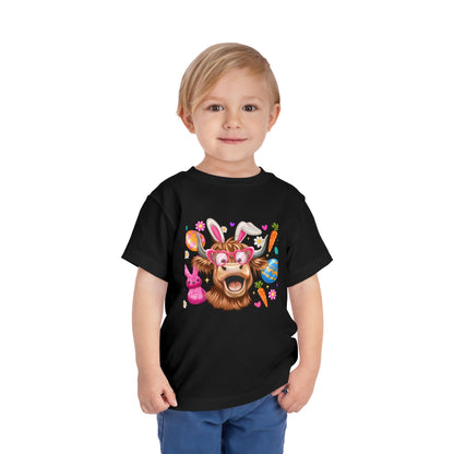 Easter Highland Cow Toddler Tee — Cute Bunny Ears & Colorful Eggs