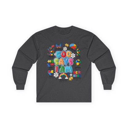 God Says I Am Long Sleeve Tee — Positive Christian Kids Faith Shirt