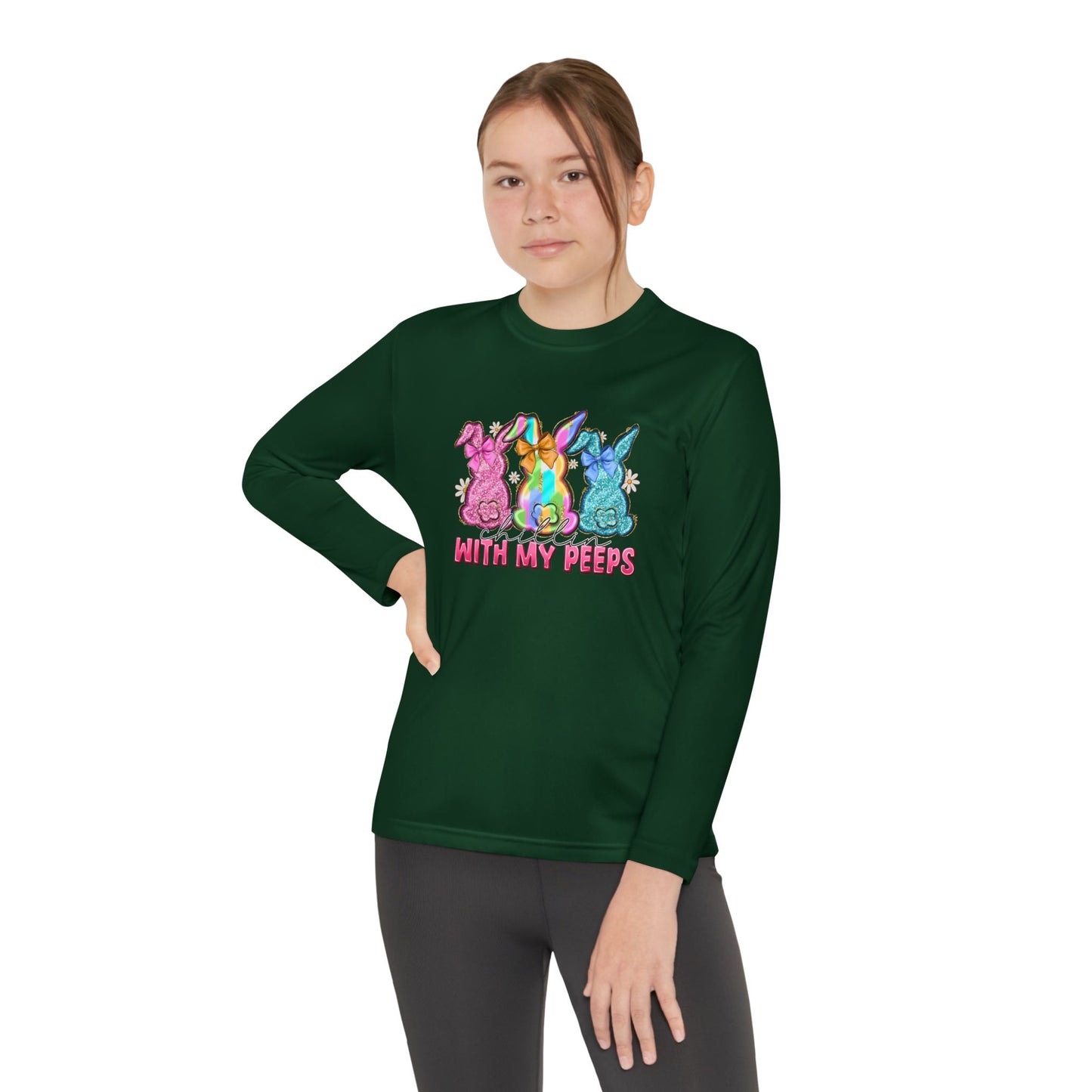 Youth Long Sleeve Tee — "With My Peeps" Colorful Easter Bunny Graphic
