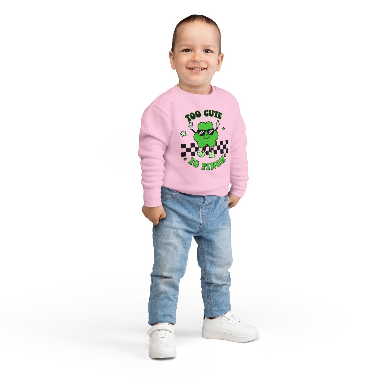 Toddler Sweatshirt — "Too Cute to Pinch" St. Patrick's Day Shamrock Sweatshirt for Babies & Toddlers