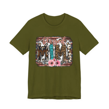 Mama Leopard & Western Floral T-Shirt — 'Mama' Graphic Tee with Cowhide, Turquoise & Pink Flowers
