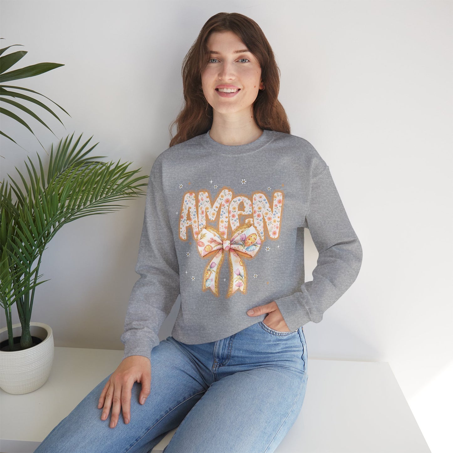 Crewneck Sweatshirt — 'AMAW' Pastel Bow Glitter Graphic