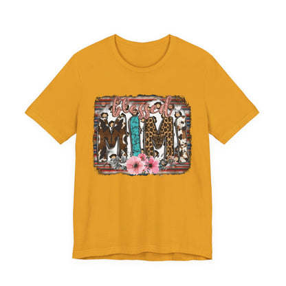 Mama Leopard & Western Floral T-Shirt — 'Mama' Graphic Tee with Cowhide, Turquoise & Pink Flowers