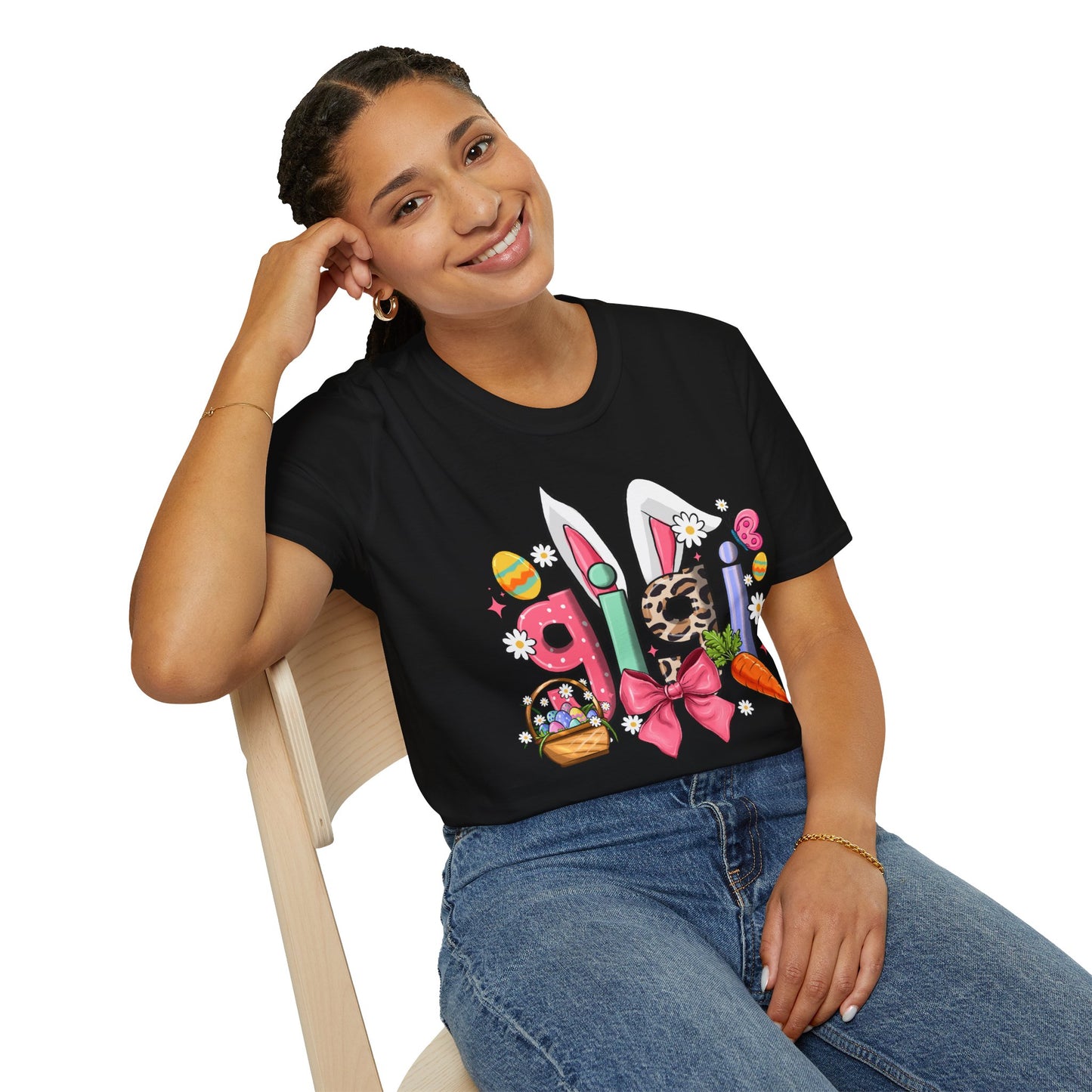 Easter Girl Bunny Tee – Floral Eggs, Carrot & Pink Bow Graphic T-Shirt