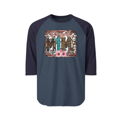 Cowgirl Trio Raglan Shirt - Western Cowgirl Leopard & Floral Graphic 3/4 Sleeve
