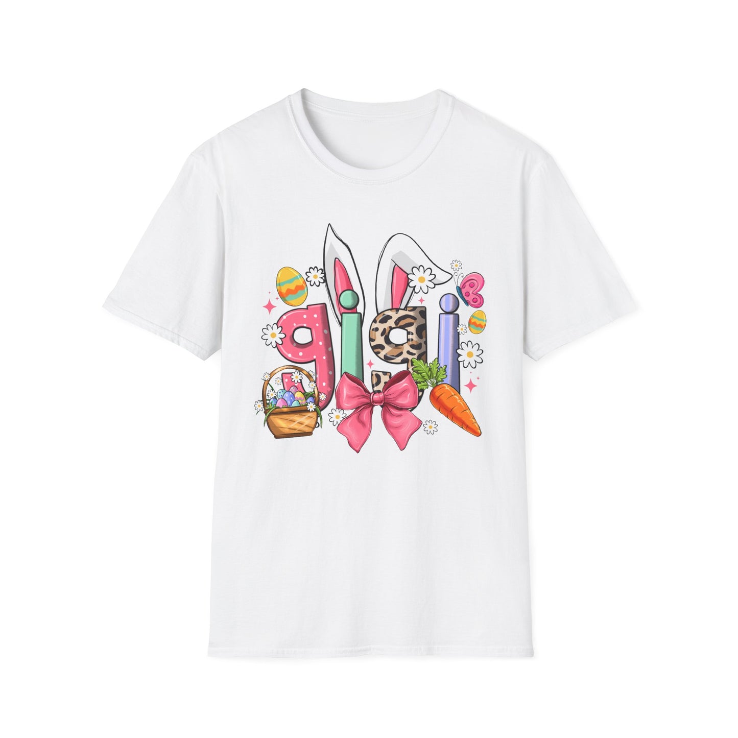Easter Girl Bunny Tee – Floral Eggs, Carrot & Pink Bow Graphic T-Shirt