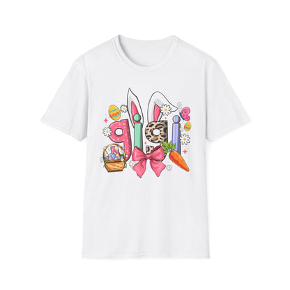 Easter Girl Bunny Tee – Floral Eggs, Carrot & Pink Bow Graphic T-Shirt