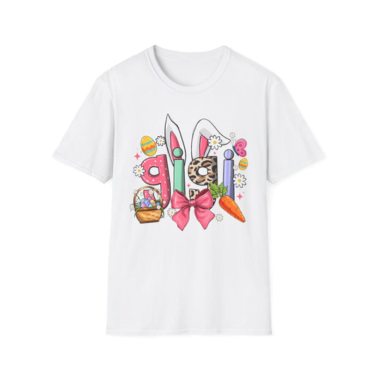 Easter Girl Bunny Tee – Floral Eggs, Carrot & Pink Bow Graphic T-Shirt