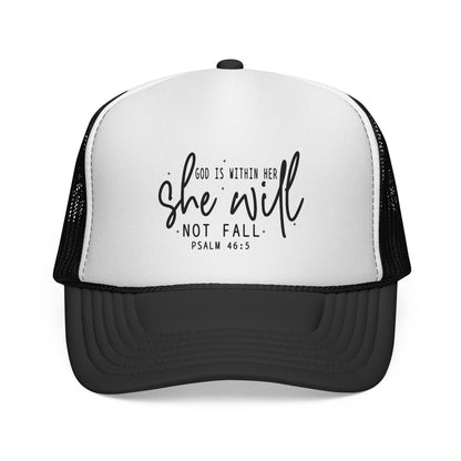 She Will Not Fail Trucker Cap – Psalm 46:5 Inspirational Christian Hat