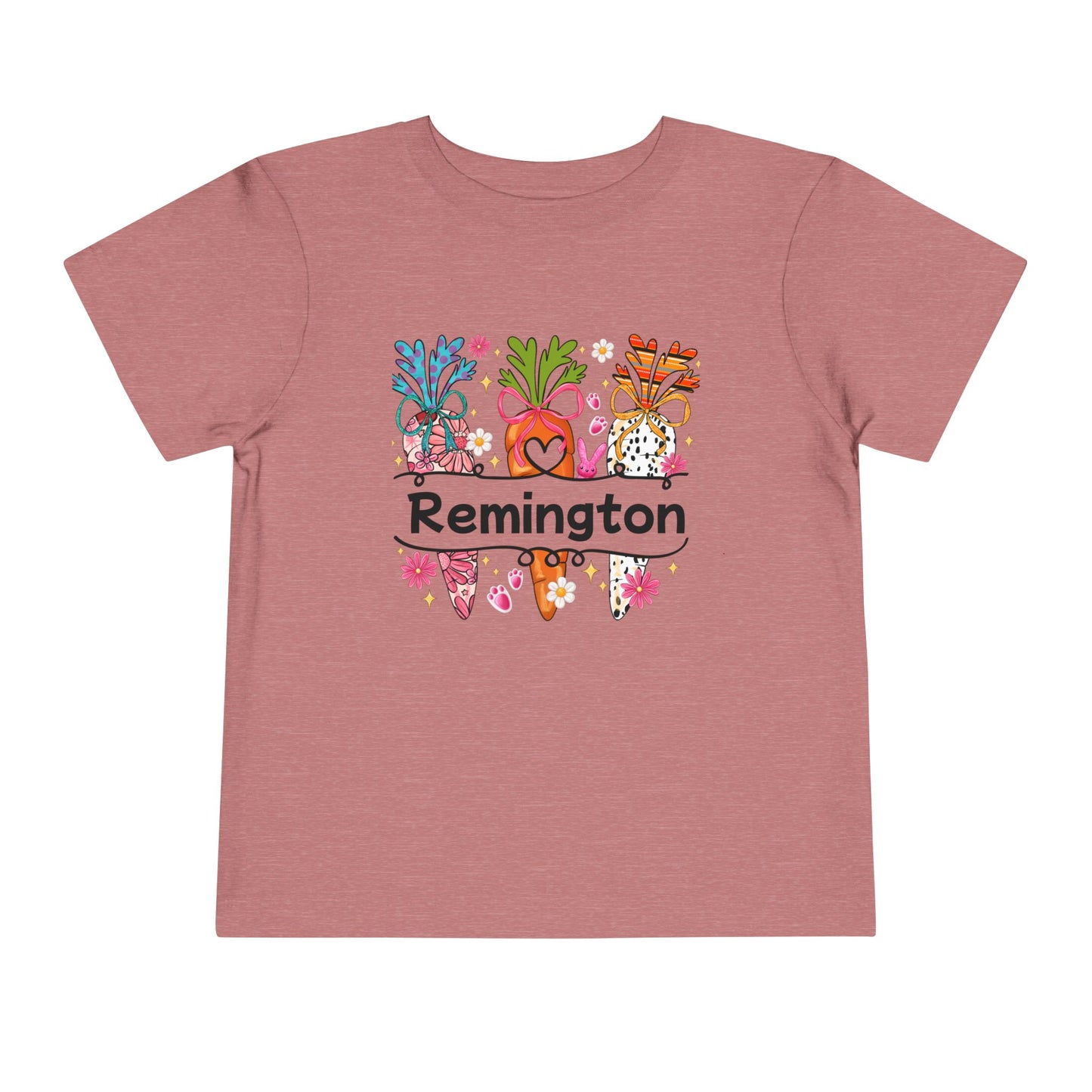 Personalized Toddler Tee — Colorful Easter Carrot Gnome Name Shirt (Remington)