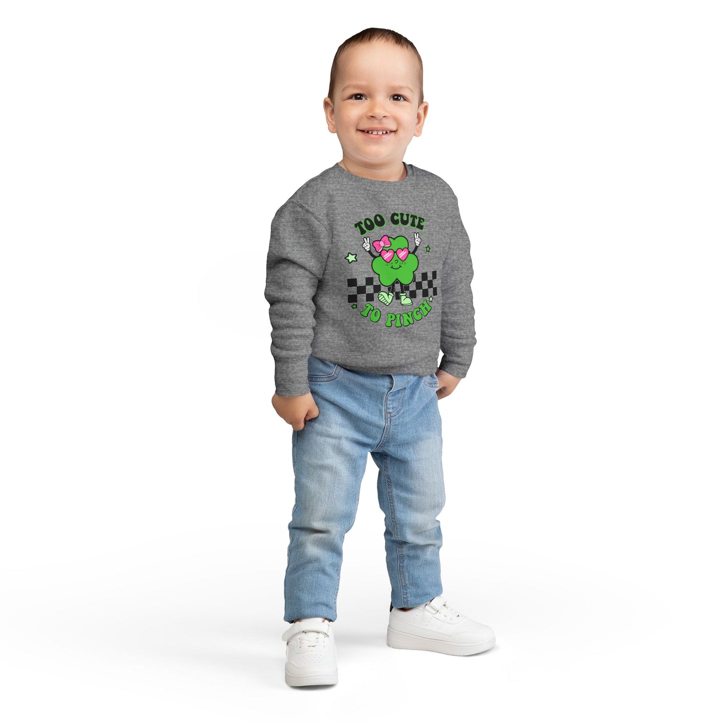 Toddler Sweatshirt — "Too Cute to Pinch" St. Patrick's Day Shamrock Crewneck