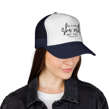 She Will Not Fail Trucker Cap – Psalm 46:5 Inspirational Christian Hat
