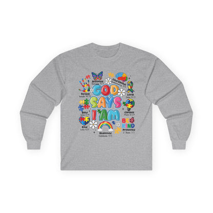 God Says I Am Long Sleeve Tee — Positive Christian Kids Faith Shirt
