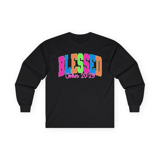 Blessed Long Sleeve Tee — Bright Colorblock 'BLESSED' with John 20:29