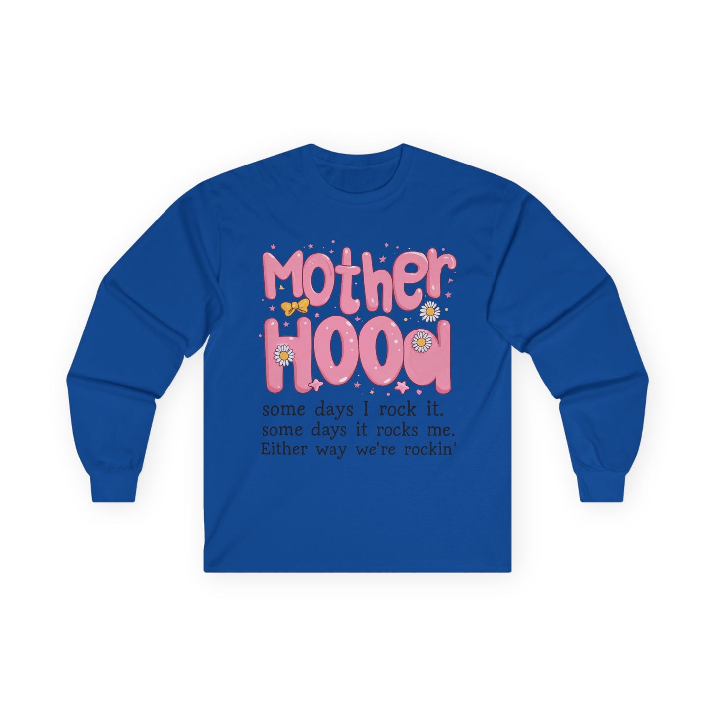 Motherhood Long Sleeve Tee — "Mother Hood" Cute Retro Graphic for New Moms & Mothers' Day