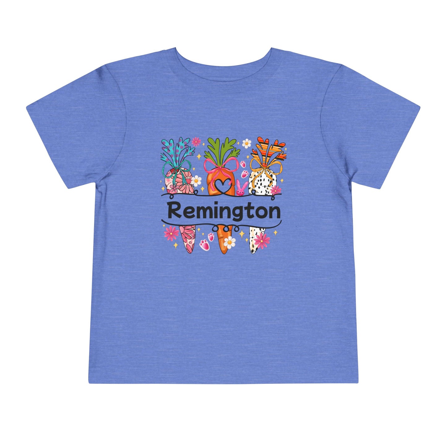 Personalized Toddler Tee — Colorful Easter Carrot Gnome Name Shirt (Remington)