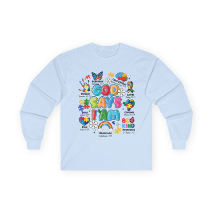 God Says I Am Long Sleeve Tee — Positive Christian Kids Faith Shirt