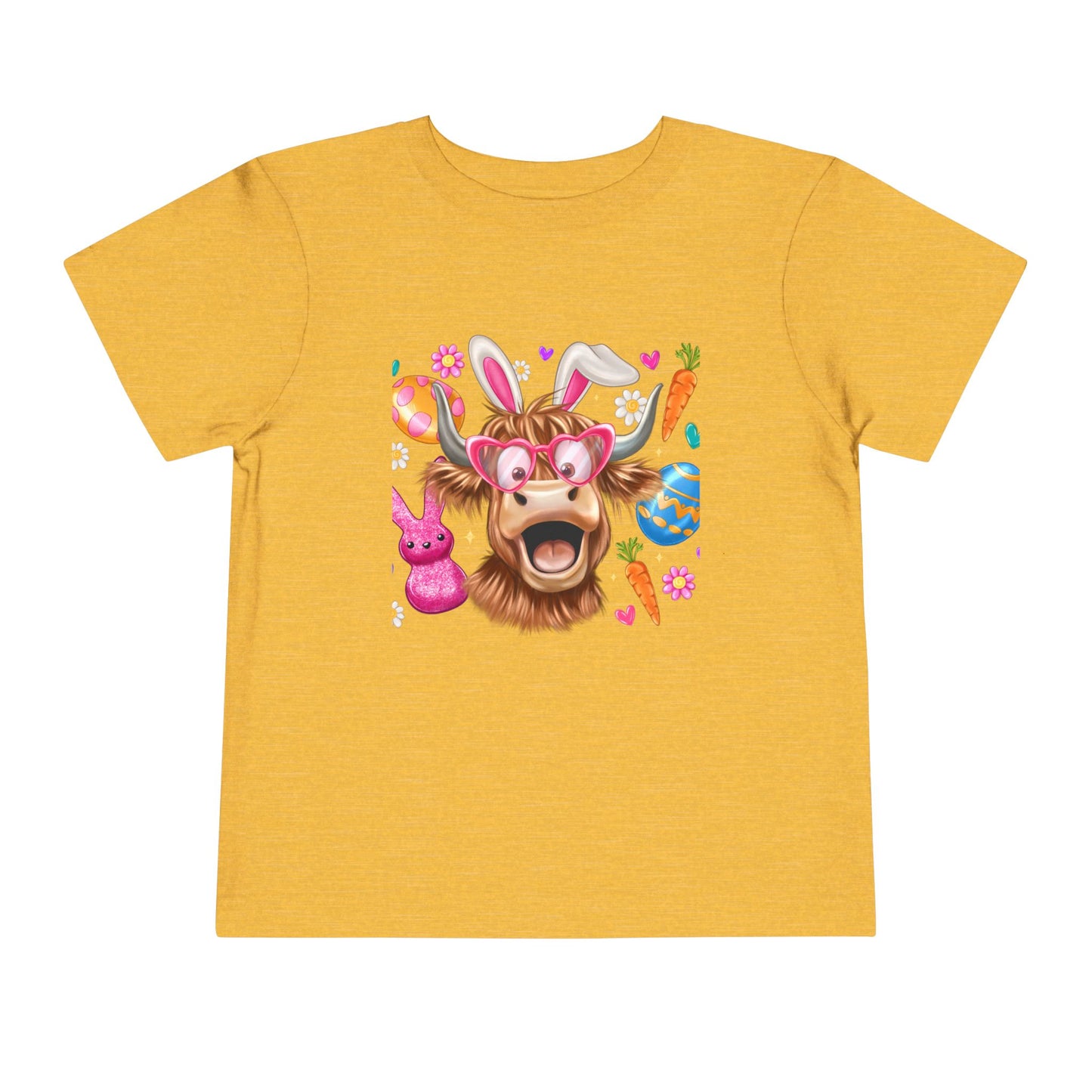 Easter Highland Cow Toddler Tee — Cute Bunny Ears & Colorful Eggs
