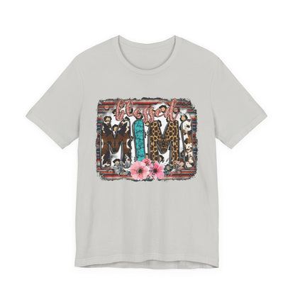 Mama Leopard & Western Floral T-Shirt — 'Mama' Graphic Tee with Cowhide, Turquoise & Pink Flowers