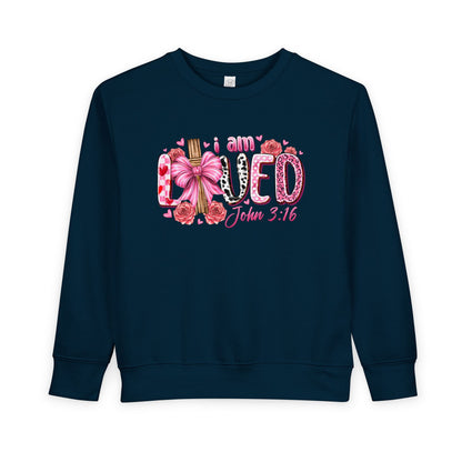 Toddler Sweatshirt - "I Am Loved" John 3:16 Pink Cross Faith Pullover