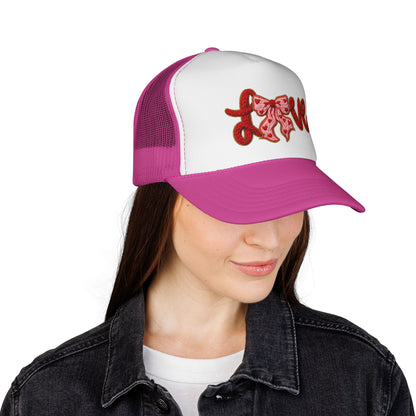 Love Bow Trucker Cap — Cute Pink Ribbon Love Logo Mesh Hat for Valentine’s Day