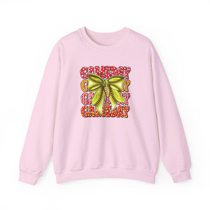 Crewneck Sweatshirt — Candy Cane Bow Graphic Holiday Pullover