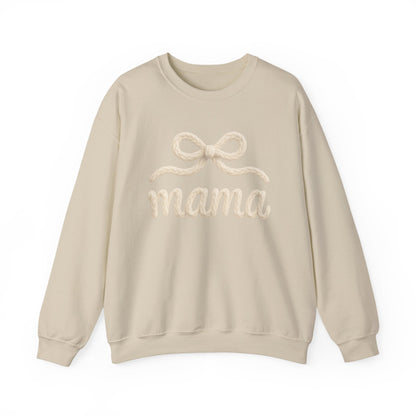 Mama Rope Bow Sweatshirt — Cozy White "mama" Crewneck for New & Expecting Moms
