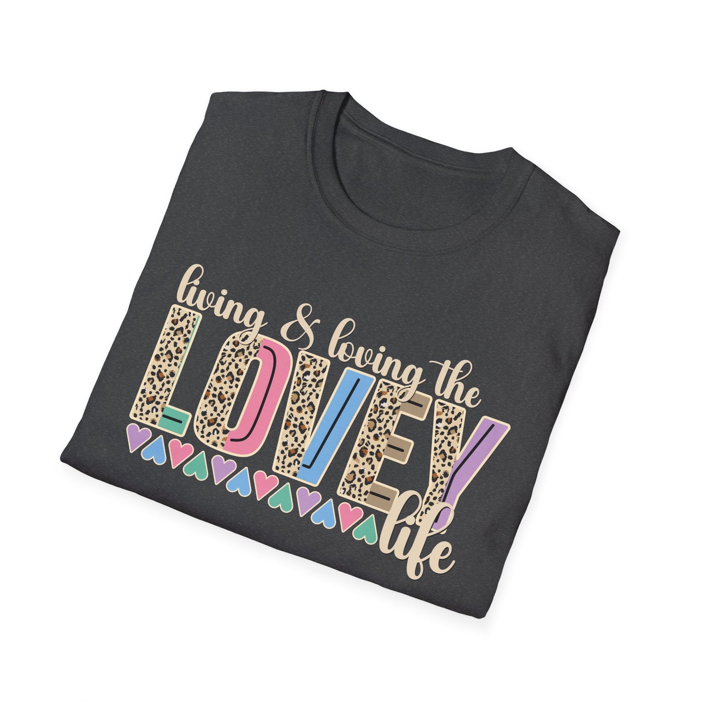 T-Shirt — Living the Lovey Life Graphic Tee (colorful leopard & pastel hearts)