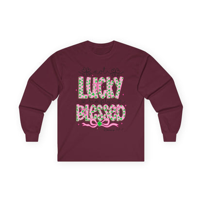 Long Sleeve Tee — "Not Lucky, Simply Blessed" Floral Christian Graphic
