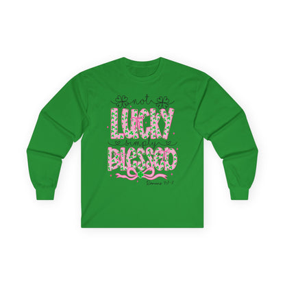 Long Sleeve Tee — "Not Lucky, Simply Blessed" Floral Christian Graphic