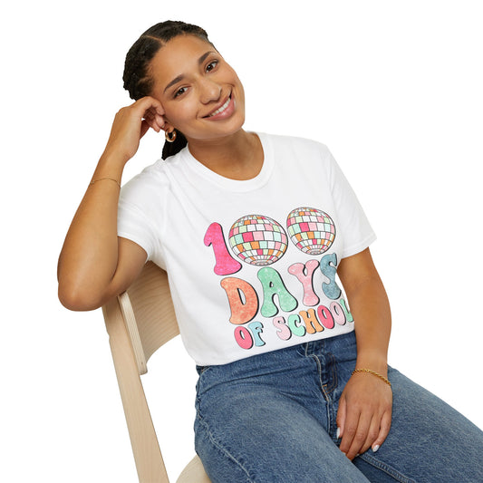 100 Days of School T-Shirt — Colorful Retro Disco Celebration Tee for Students & Teachers