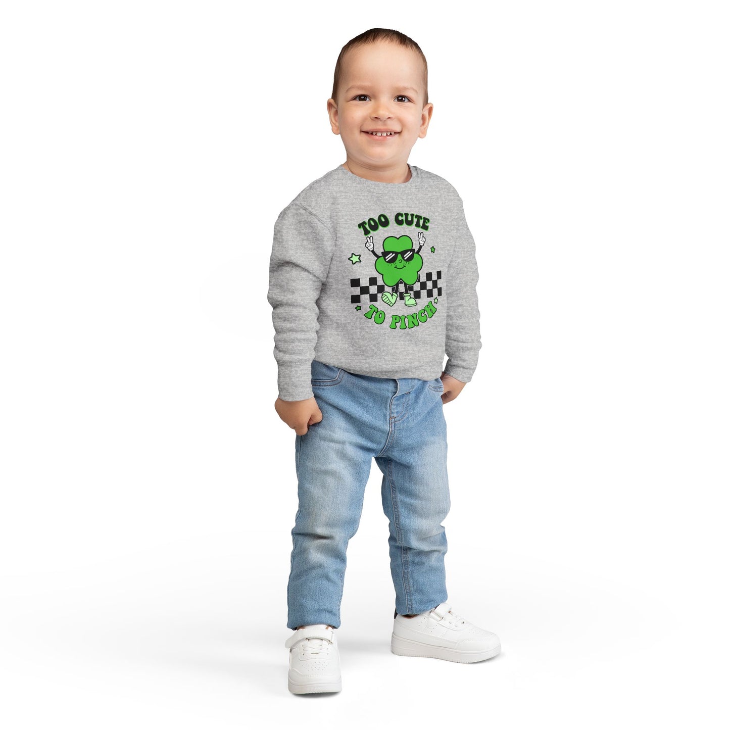 Toddler Sweatshirt — "Too Cute to Pinch" St. Patrick's Day Shamrock Sweatshirt for Babies & Toddlers