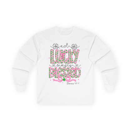 Long Sleeve Tee — "Not Lucky, Simply Blessed" Floral Christian Graphic
