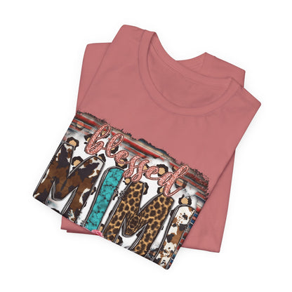 Mama Leopard & Western Floral T-Shirt — 'Mama' Graphic Tee with Cowhide, Turquoise & Pink Flowers