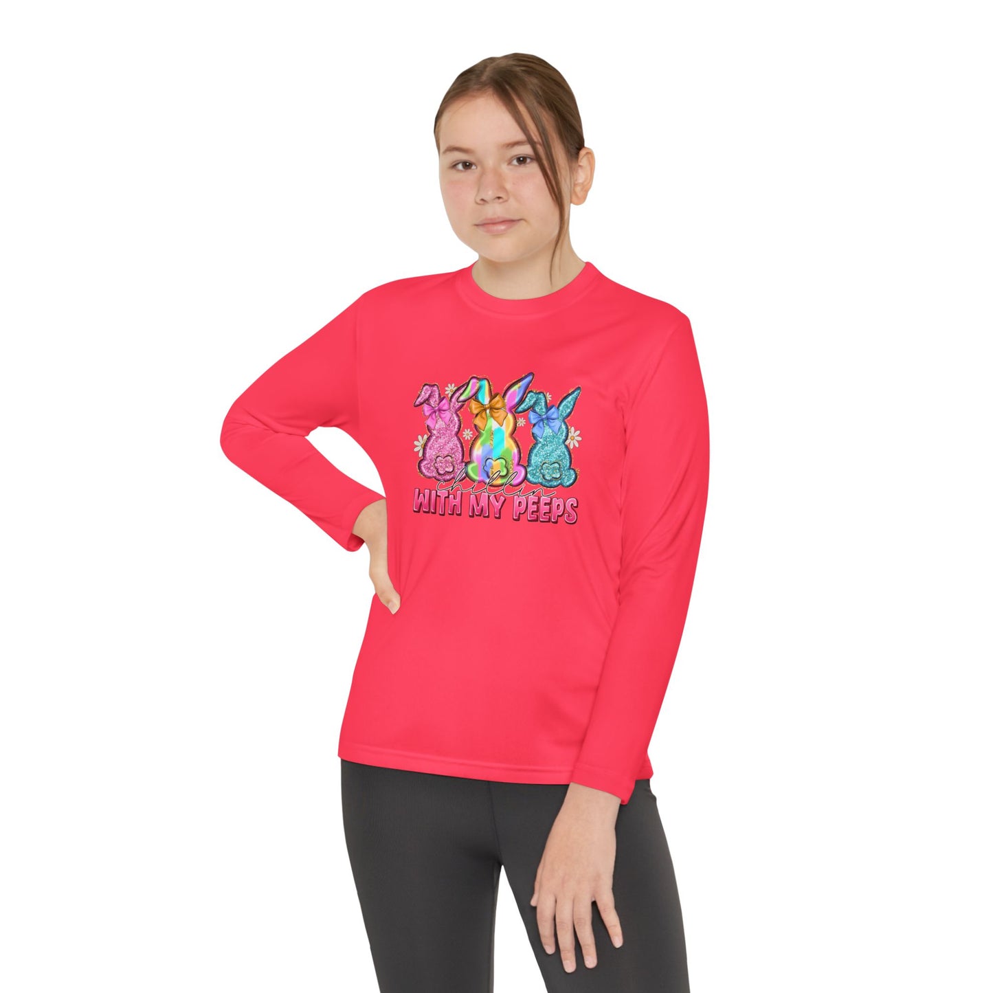 Youth Long Sleeve Tee — "With My Peeps" Colorful Easter Bunny Graphic