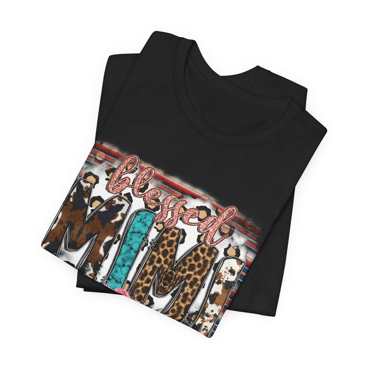 Mama Leopard & Western Floral T-Shirt — 'Mama' Graphic Tee with Cowhide, Turquoise & Pink Flowers