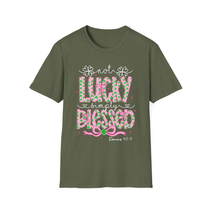 Lucky Simply Blessed T-Shirt — "Not Lucky, Simply Blessed" Christian St. Patrick's Tee