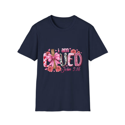 I Am Loved John 3:16 T-Shirt — Pink Floral Christian Faith Tee