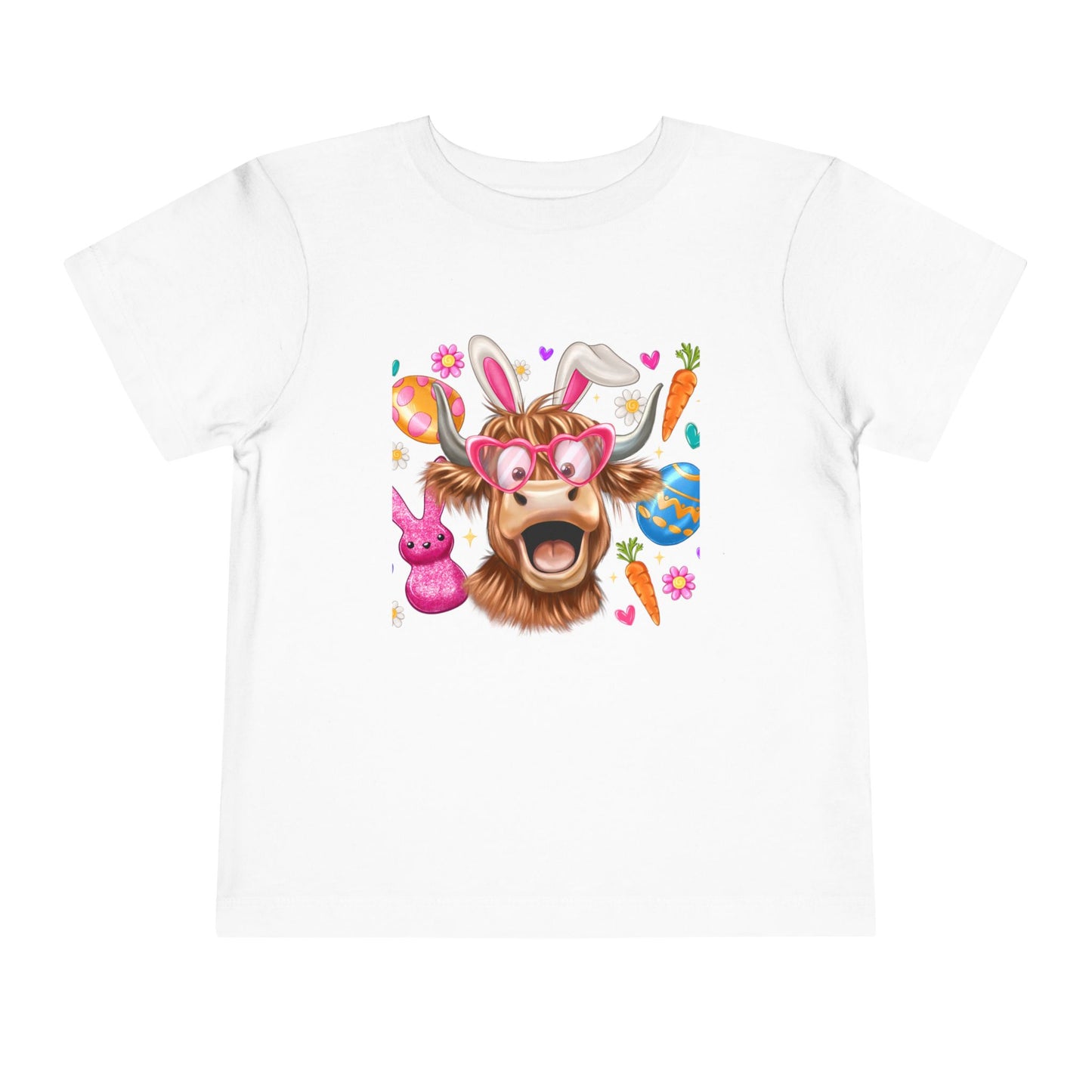 Easter Highland Cow Toddler Tee — Cute Bunny Ears & Colorful Eggs