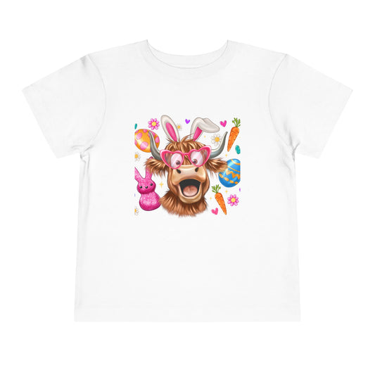 Easter Highland Cow Toddler Tee — Cute Bunny Ears & Colorful Eggs