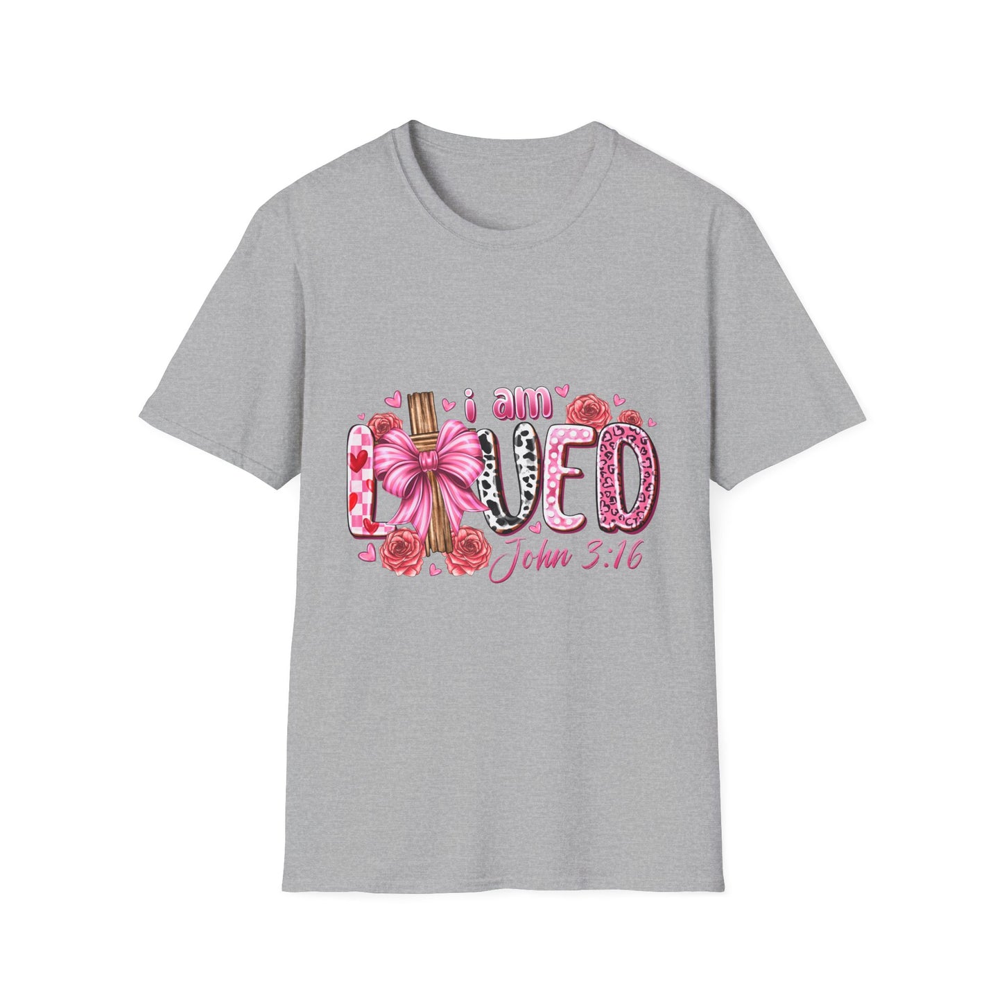 I Am Loved John 3:16 T-Shirt — Pink Floral Christian Faith Tee