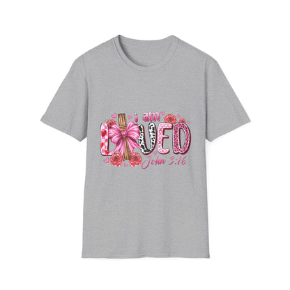 I Am Loved John 3:16 T-Shirt — Pink Floral Christian Faith Tee