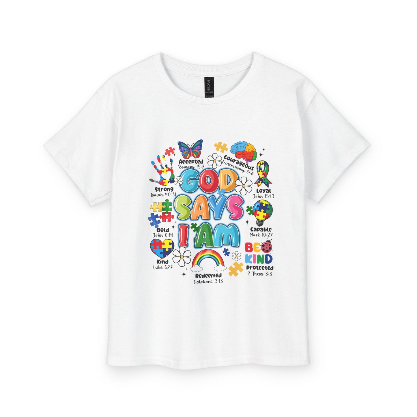 Youth Tee — "God Says I Am" Colorful Faith Kids T-Shirt