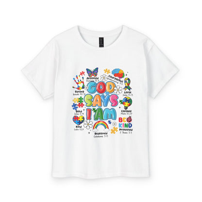 Youth Tee — "God Says I Am" Colorful Faith Kids T-Shirt