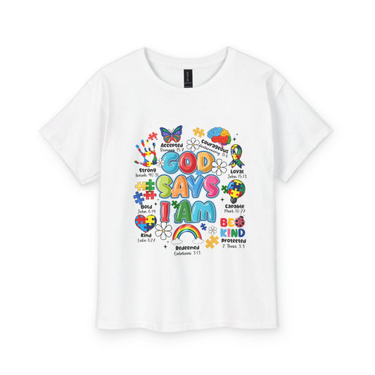 Youth Tee — "God Says I Am" Colorful Faith Kids T-Shirt