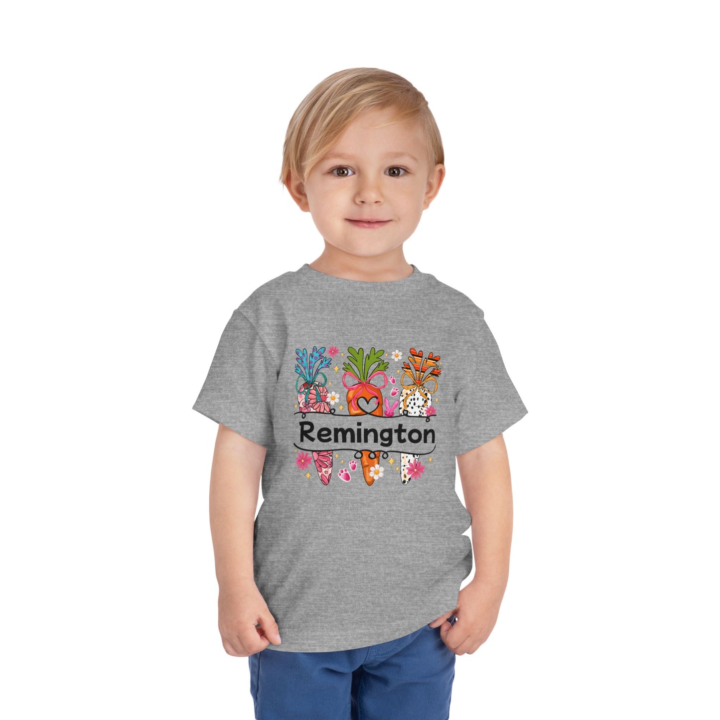 Personalized Toddler Tee — Colorful Easter Carrot Gnome Name Shirt (Remington)