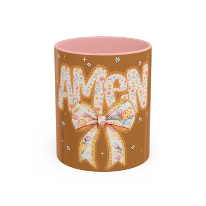 Accent Mug — 'Amen' Floral Bow Coffee Mug (11/15oz) — Faith-Inspired Gift