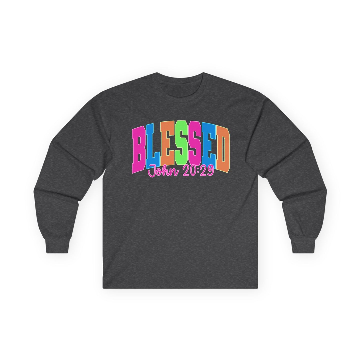 Blessed Long Sleeve Tee — Bright Colorblock 'BLESSED' with John 20:29