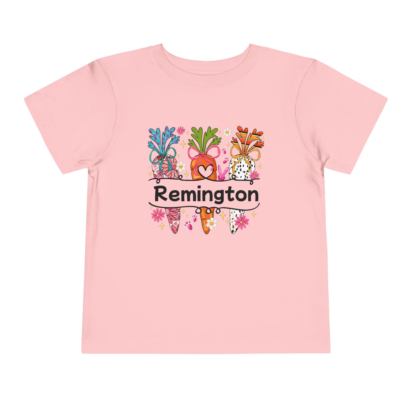Personalized Toddler Tee — Colorful Easter Carrot Gnome Name Shirt (Remington)